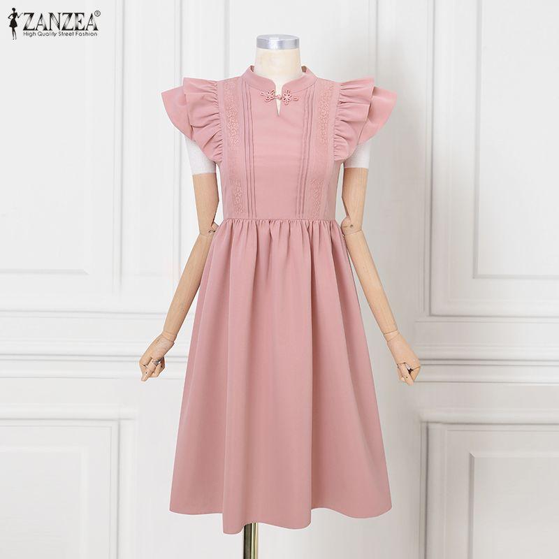 ZANZEA Women Casual Stand Collar Fly Sleeve Summer Elegant Dress