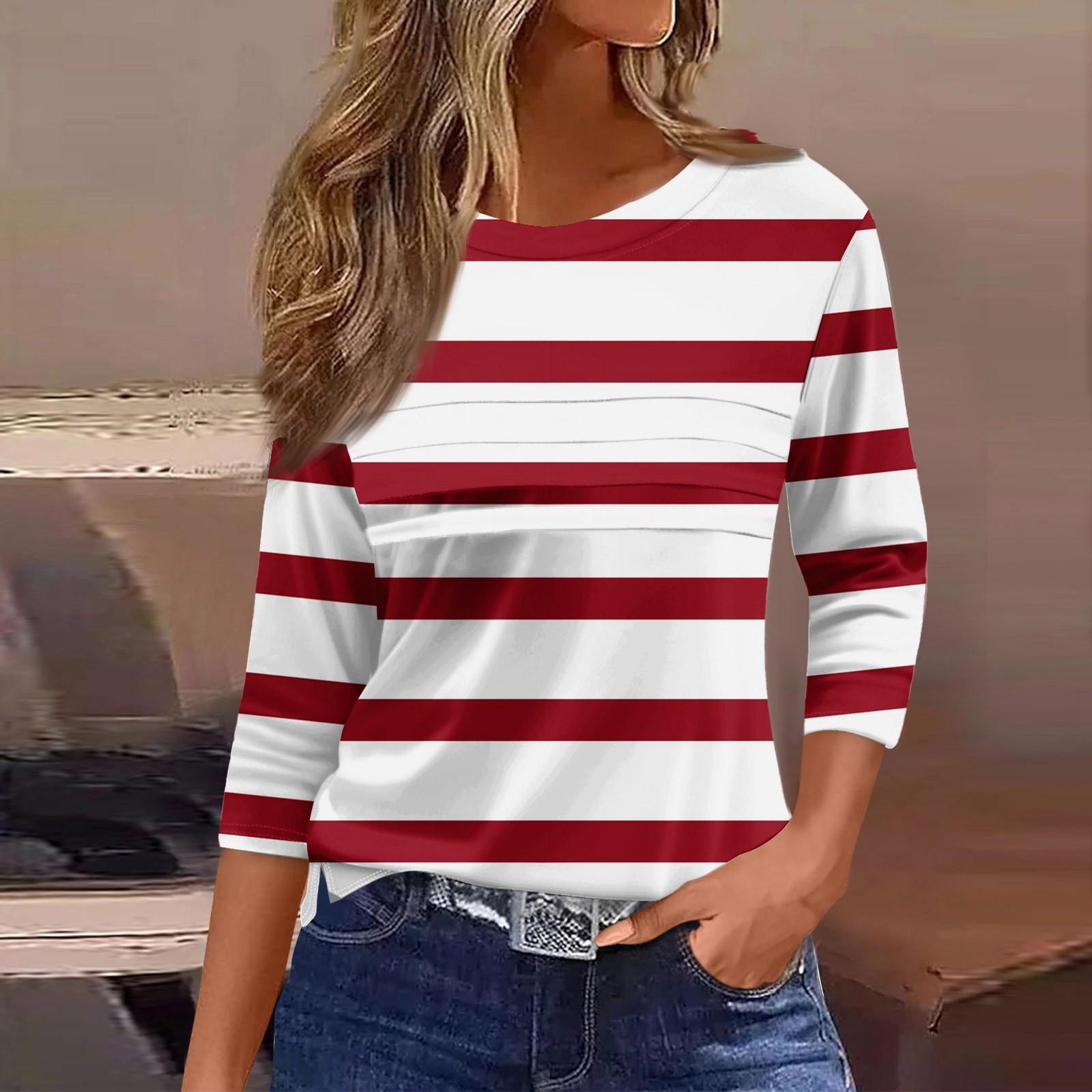 

Женская мода повседневный свободный топ с рукавом 3/4 в полоску с круглым вырезом XXXL винный