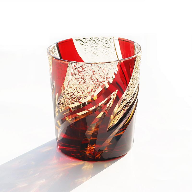 240ml Handmade Japanese Edo Kiriko Style Amber Whiskey Glass Tumbler for Home Bar Decor Rocks Bucket Cocktail Serving