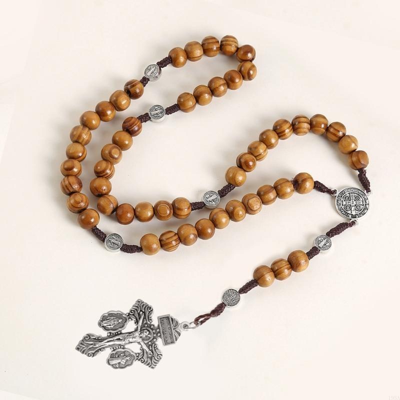 Braided Wood Beads Chain Rosary Necklace with Pardon Crucifix Crosses Medals Pendant Christians Religious Communion Gift