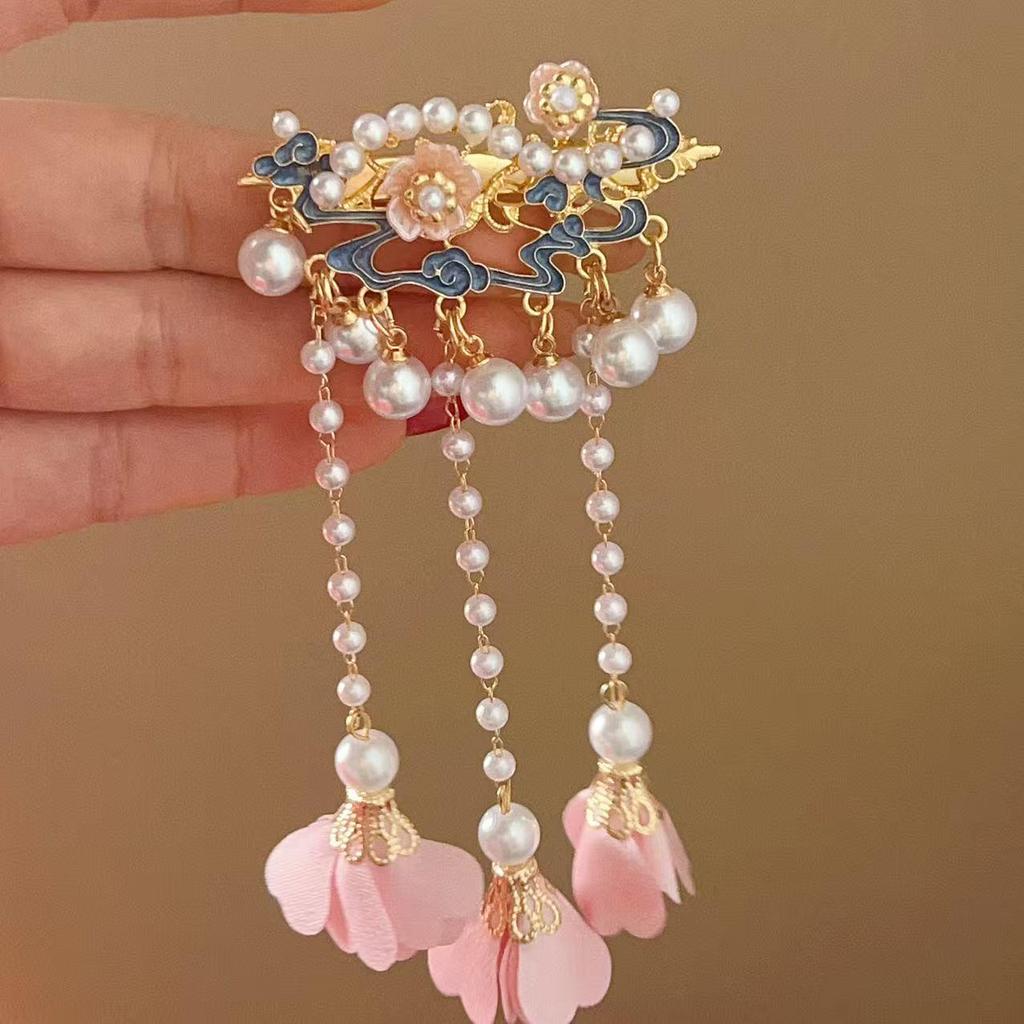Elegant Blue Cloud Pearl Hairpin with Tassel