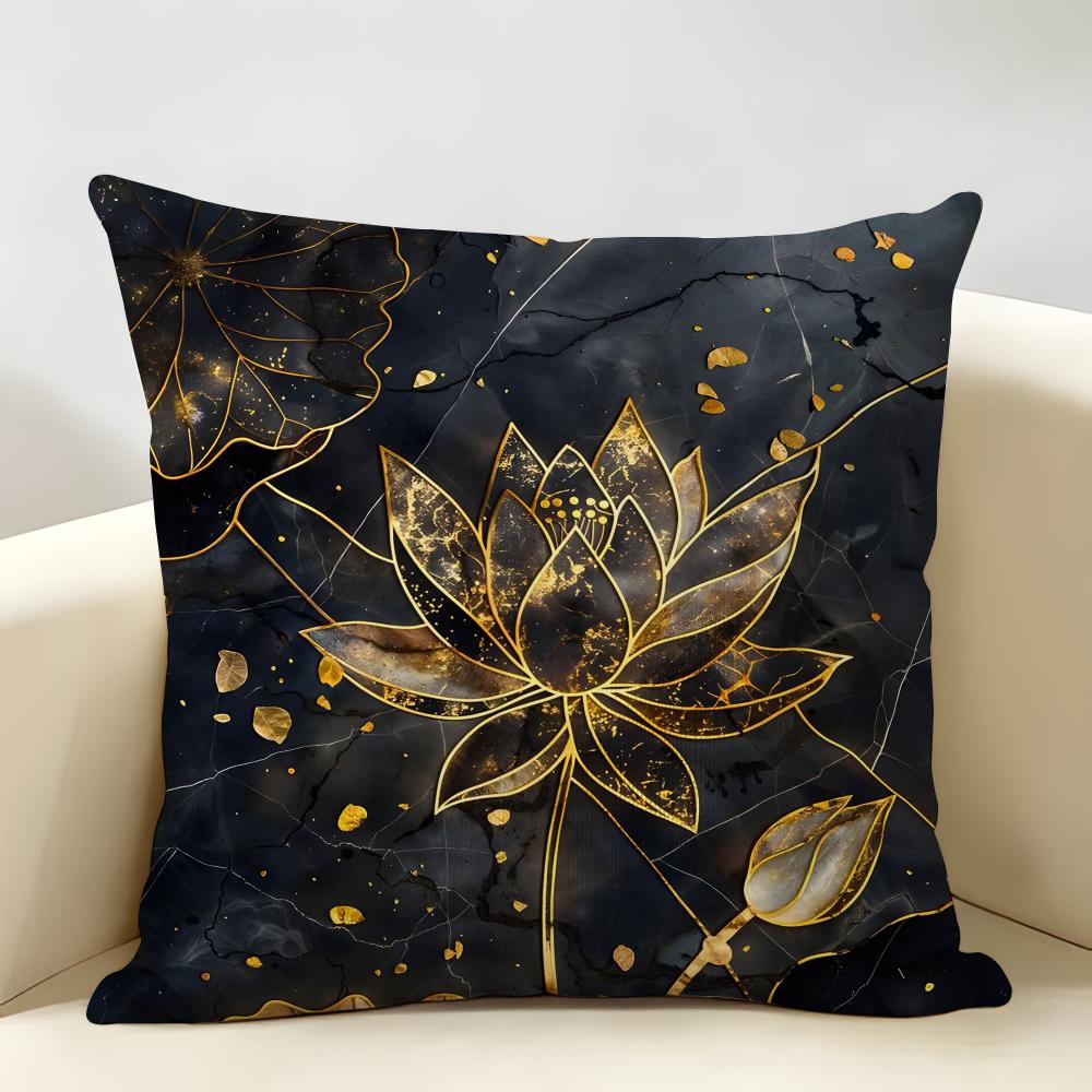 Simpl Pretty Golden Lotus Cushion Cover Durable Hypoallergenic Organic Linen Pillow Cover Short Size Washable Skin-Friendly