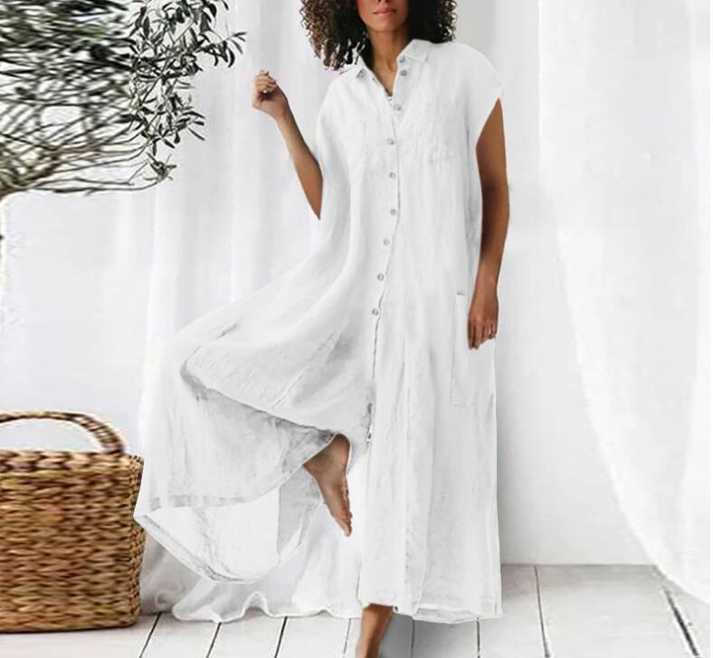 Women's Solid Color Three Quarter Sleeve Collared Button Down Linen Wide Leg Jumpsuit Casual Spring Long Romper With Pockets