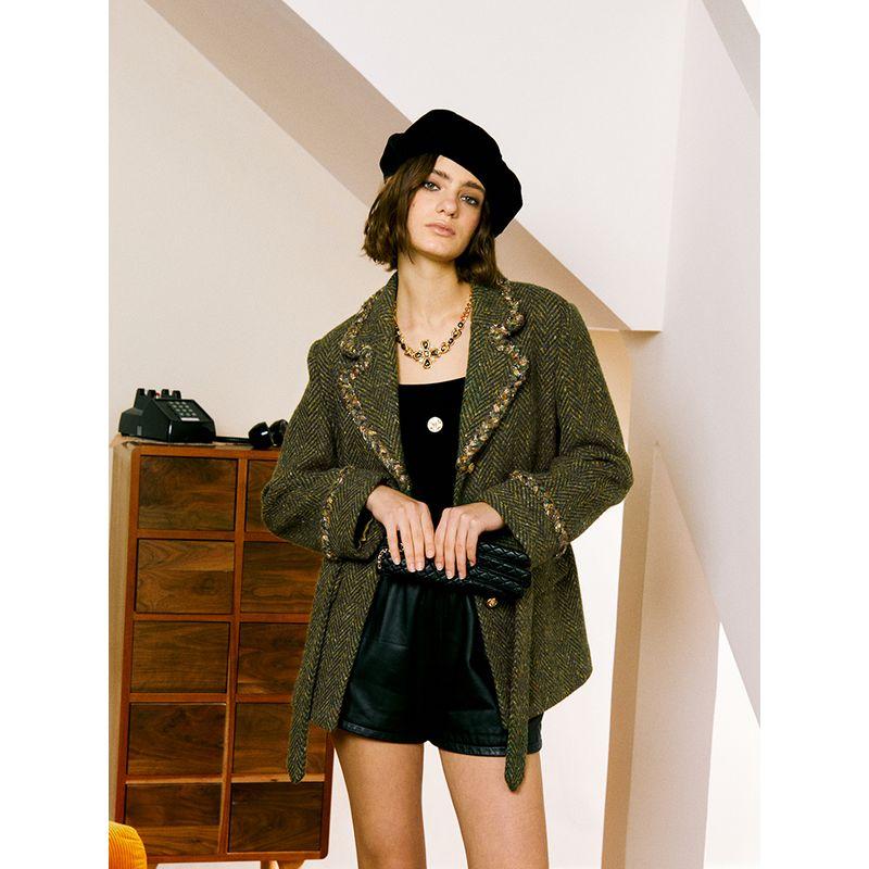 

Blacknini Yin Huafu/ Emerald Coat European Import Fishbone Herringbone Green Gold Woolen Coat Outwear Green S