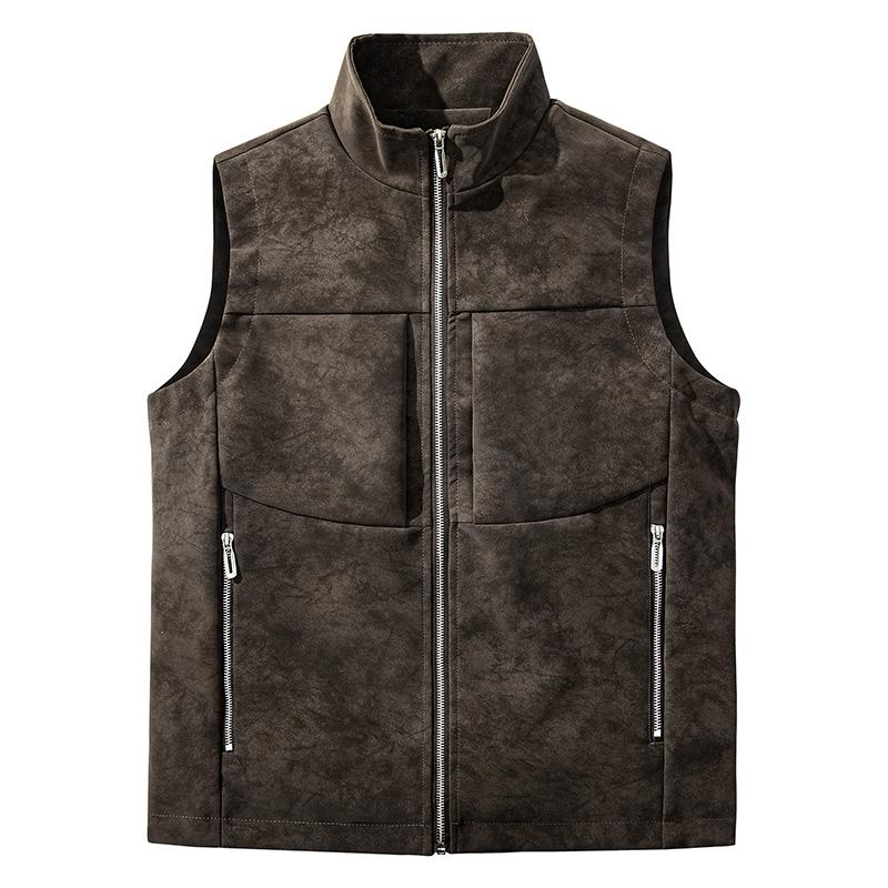 Comfortable Leather Jacket For Autumn And Winter Sleeveless Top, Windproof And Rainproof, Simple And Wear-resistant Stand Up Collar Vest