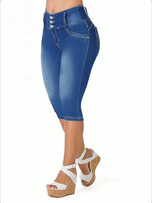 European Butt-Lifting Mid-High Waist Denim Cropped Pants for Women
