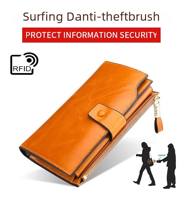 Genuine Leather RFID Anti-Theft Ladies Long Wallet Clutch with Brush Wax Finish
