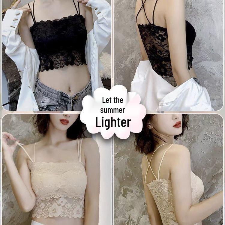Korean Style Lace Strapless Camisole with Chest Pads for Female Students - Anti-Exposure, Beautiful Back, Summer Wear