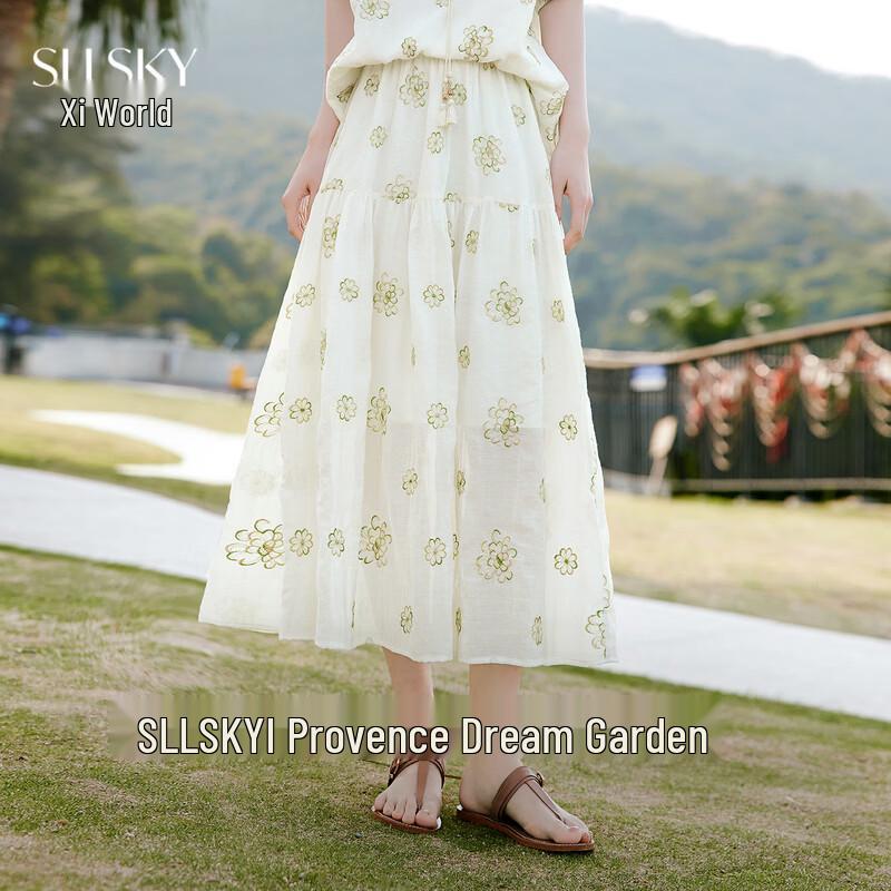 Sllsky Women s High-Waist Lightweight A-Line Floral Midi Skirt M