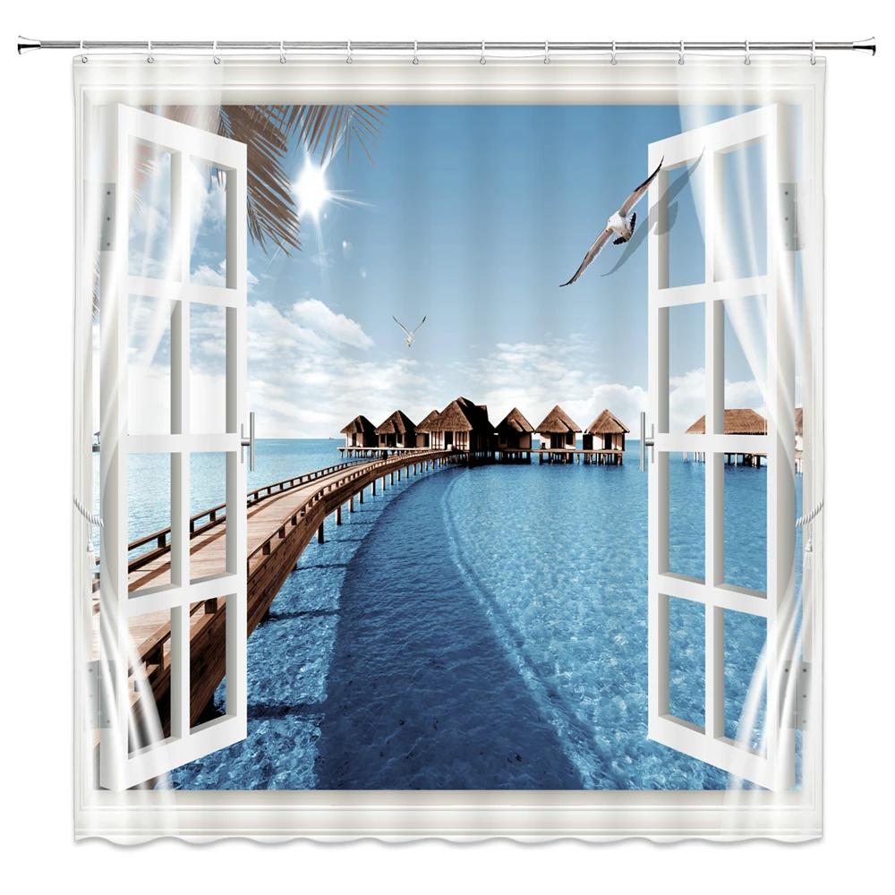 3D Shower Curtain Sunny Beach Seaside Landscape Printed Bathroom Curtain Waterproof Fabric With Hooks Home Decorate Bath Screen