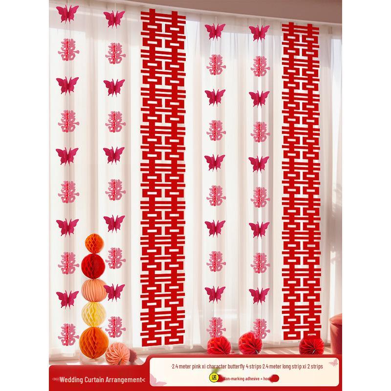 Wedding Room Decor Set: Double Happiness Curtains, Bay Window Trim, Bedroom Bows