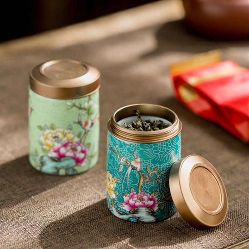 Chinese Enamel Color Flower and Bird Tea Caddy Ceramic Tea Jar Sealed Container Travel Tea Box Coffee Candy Storage Tank Teaware