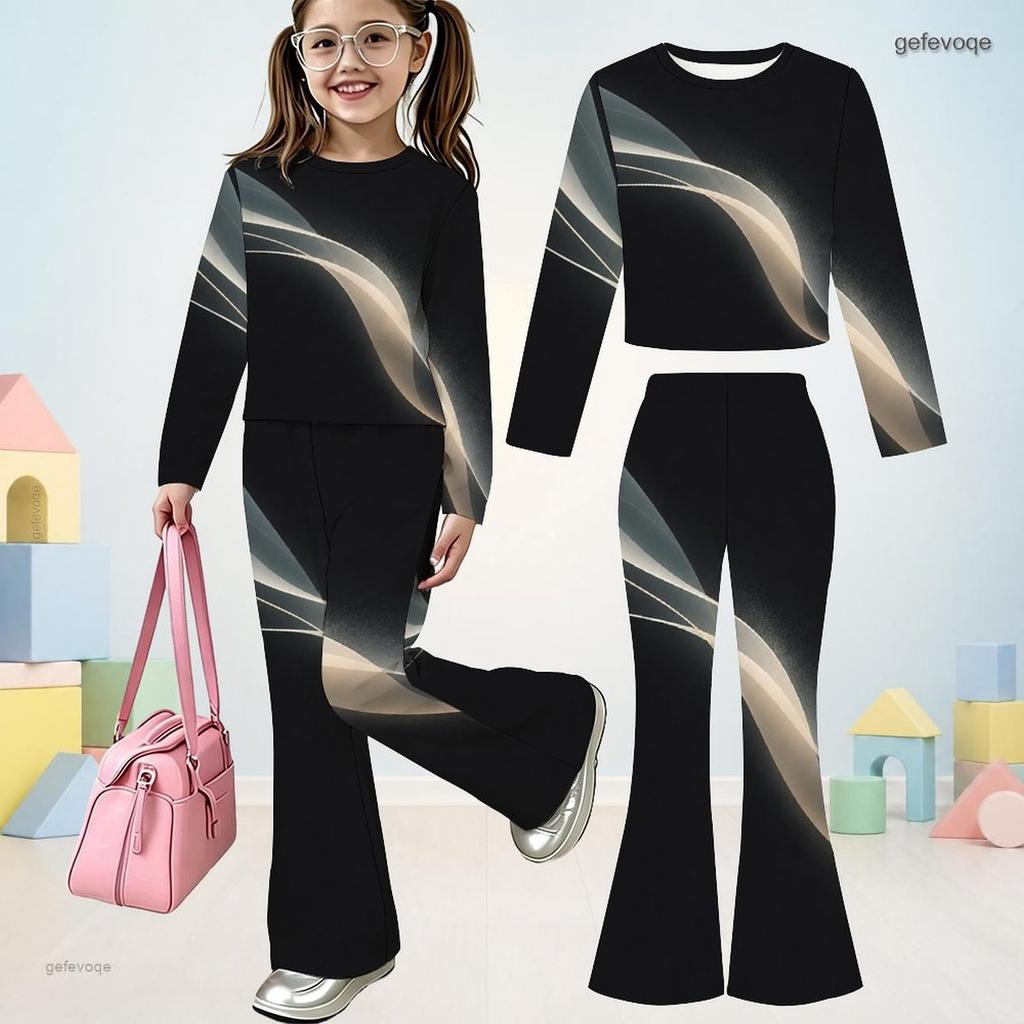 Girls Star Printed Round Neck Long Sleeve Top And Flared Pants Two Piece Outfit