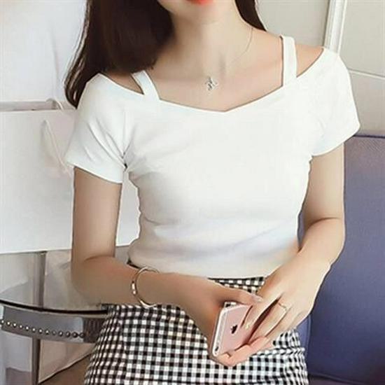Summer New Korean Version of The Strapless Sling Short-sleeved T-shirt Women's One-neck Strapless Sexy Slim-fit Top