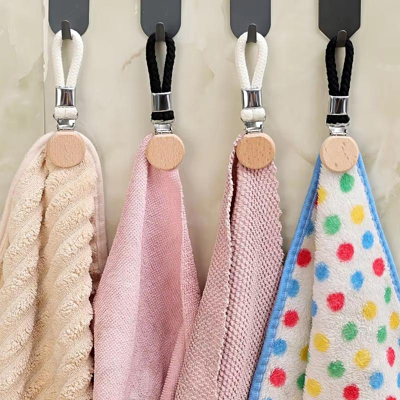 2PC Wood Durable Towel Clip Home Decoration Hook Bathroom Cotton Rope Multi-Function Hanger Rural Style 11.5x3cm