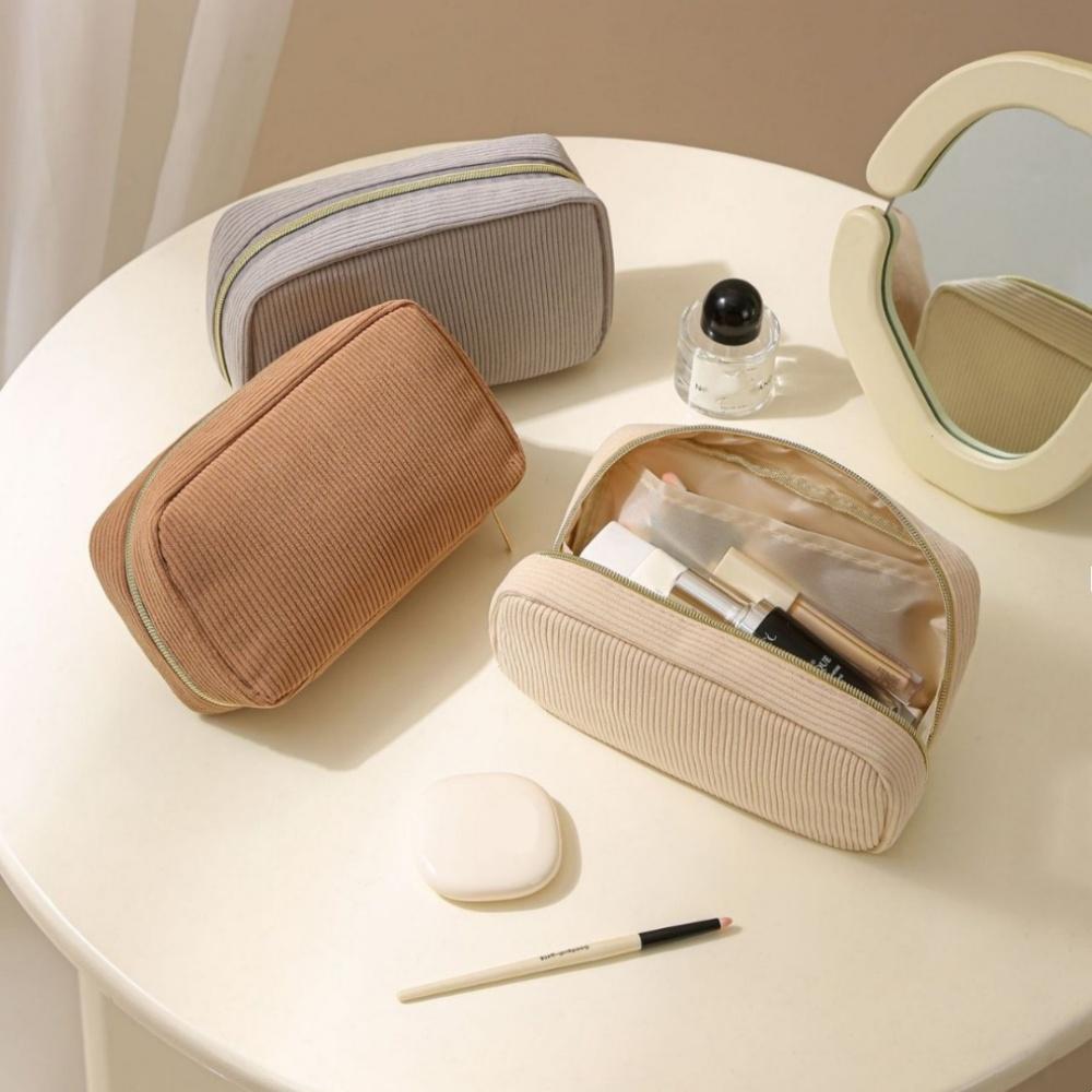 Women Zipper Makeup Bag Safety Zipper Travel Toiletry Pouch Portable Makeup Bag Lightweight Corduroy Cosmetic Bag For Gym Daily