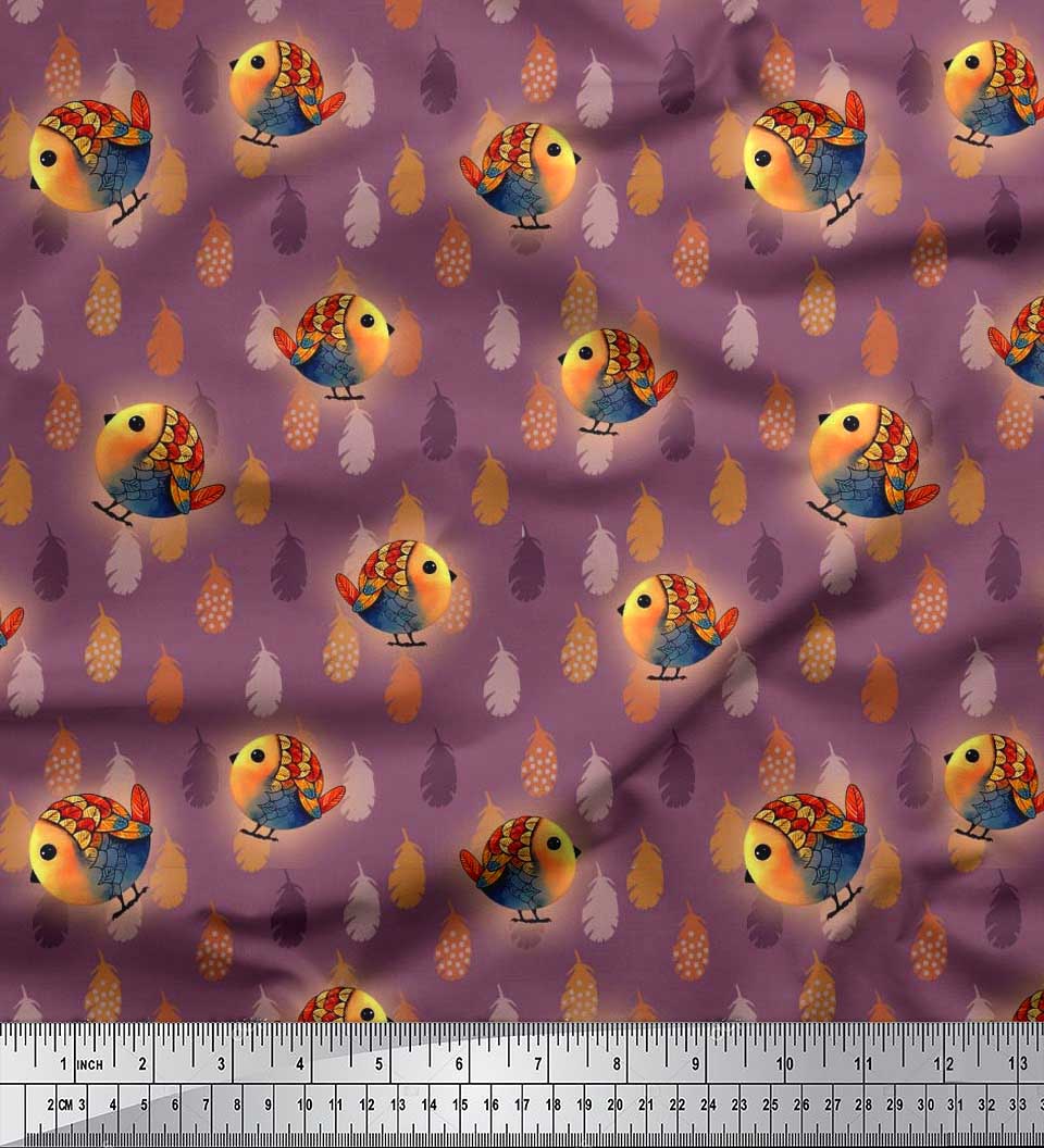 

Японська креп-атласна тканина Soimoi з мультяшними принтами з пір’я та птахів на метри 42 дюйми 42 Inch Wide - Poly Crepe фіолетовий