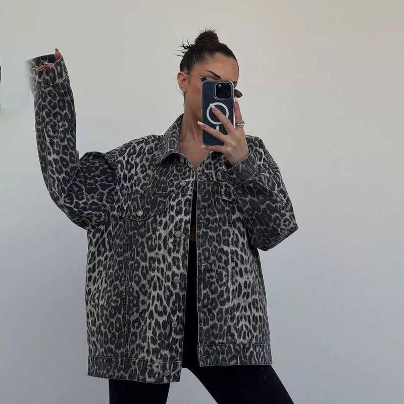 

Vintage Jacket Mid Length Casual Leopard Print Denim coat Women Loose Pocket Button Shirts Gray L