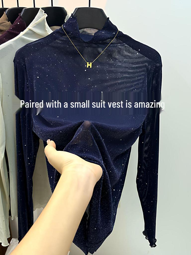 Purple Sequin High Neck Ruffle Lace Top - Women's Slimming Long Sleeve T-Shirt for Autumn/Winter Trends