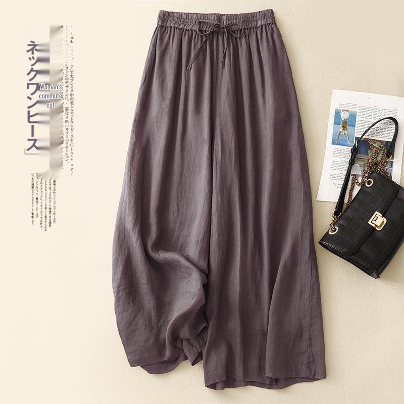 Women's Casual Wide-Leg Elastic Waist Pants - Cotton Linen Double Layer 