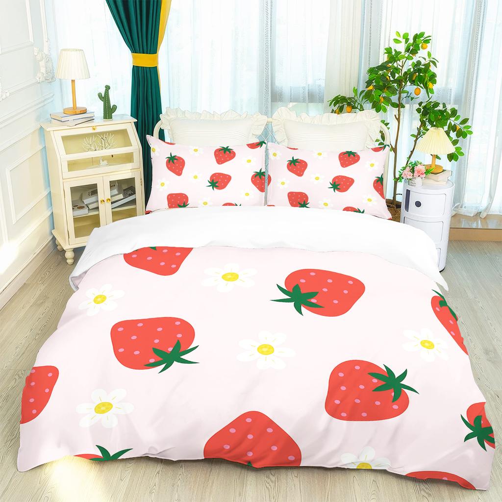 3pc Strawberry Print Bedding with Coreless Set Bedroom Living Room Multiple Sizes, Machine Washable, Soft and Comfortable