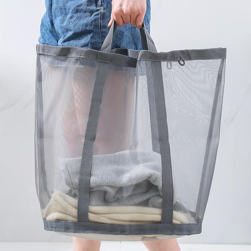 Nylon Mesh Laundry Basket With Handle Breathable Folding Portable Dirty Clothes Organizer Large Capacity Storage Pouch
