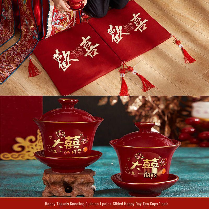 Wedding Ceremony Kneeling Cushions: Double Happiness Set for Bride