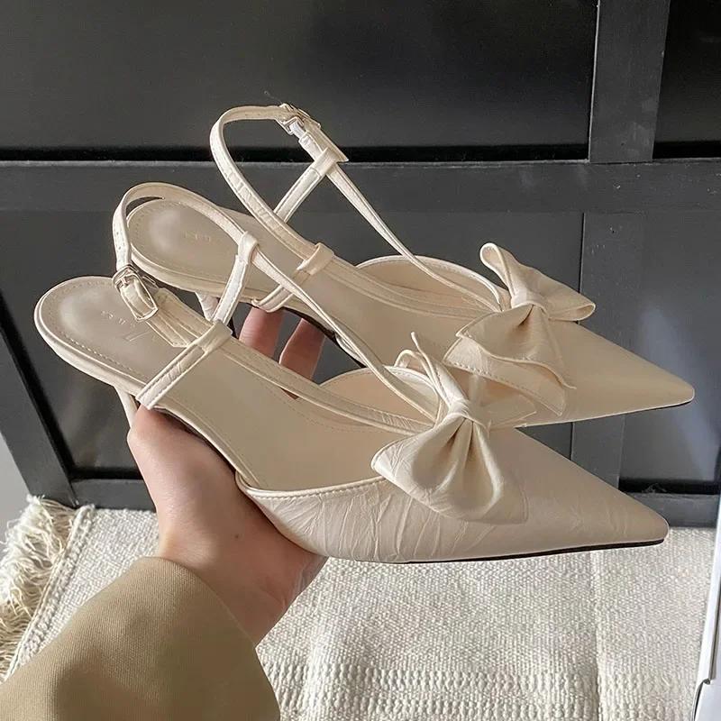 Elegant Pointed Bow Thin Heeled Women Shoes 2025 New Fashion Brand Design Buckle Lace Sweet Banquet Women's High Heeled Shoes