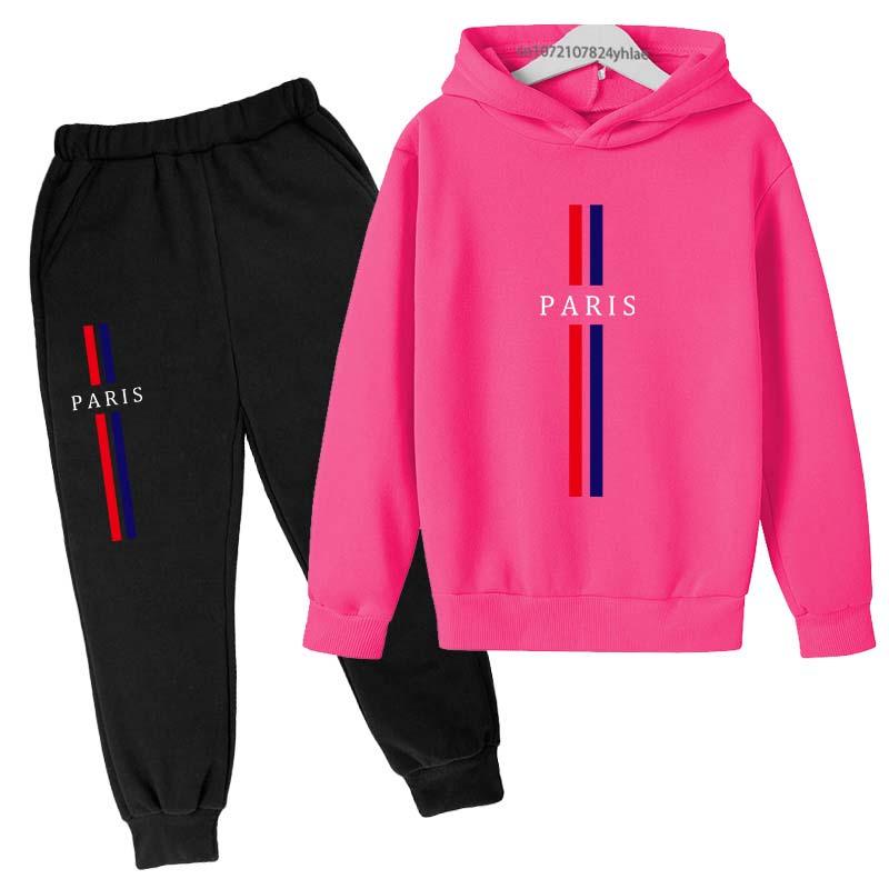 Kids Autumn Spring Casual Paris Print 2pcs Hoodie+Pants Tracksuits 2-13Years Boys Girls Fashion Streetwear Children Clothes Sets