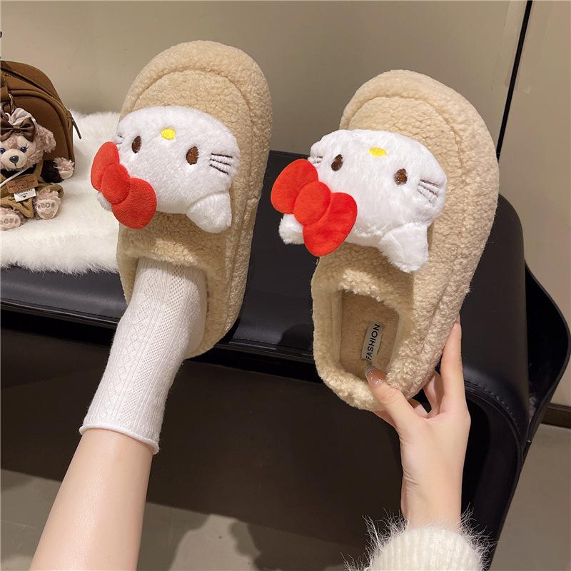 Hello Kitty Warm Cotton Slippers In Autumn and Winter, Home Indoor Student Dormitory Can Be Worn Outside, Non-slip Soft Bottom Fluffy Cotton Mop