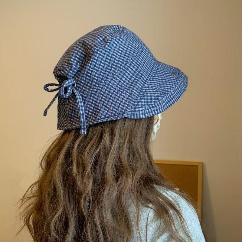 New Summer Women'S Plaid Rolled Brim Bucket Hat Wide-Brimmed Quick-Drying Sun-Protective Hat