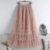 Cake Skirt Elastic High Waist A-Line Skirt Pure Color Multi Layer Ruffle Trim Mesh Hem Midi Skirt Work Leisure Wear