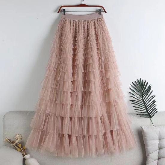Cake Skirt Elastic High Waist A-Line Skirt Pure Color Multi Layer Ruffle Trim Mesh Hem Midi Skirt Work Leisure Wear