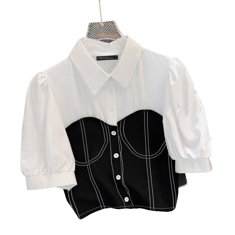 

ZANZEA Women Turn Down Collar Casual Patchwork Short Sleeve Cropped Blouse 5XL чёрный