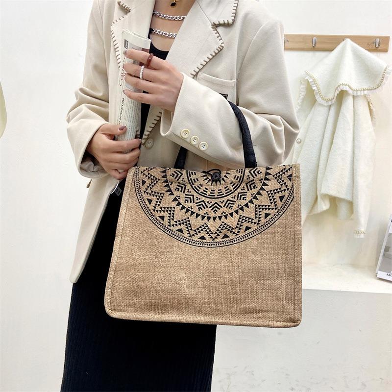Retro Tote Bag Natural Linen Simple Shopping Bag Coarse Jute Fashion Linen Printing