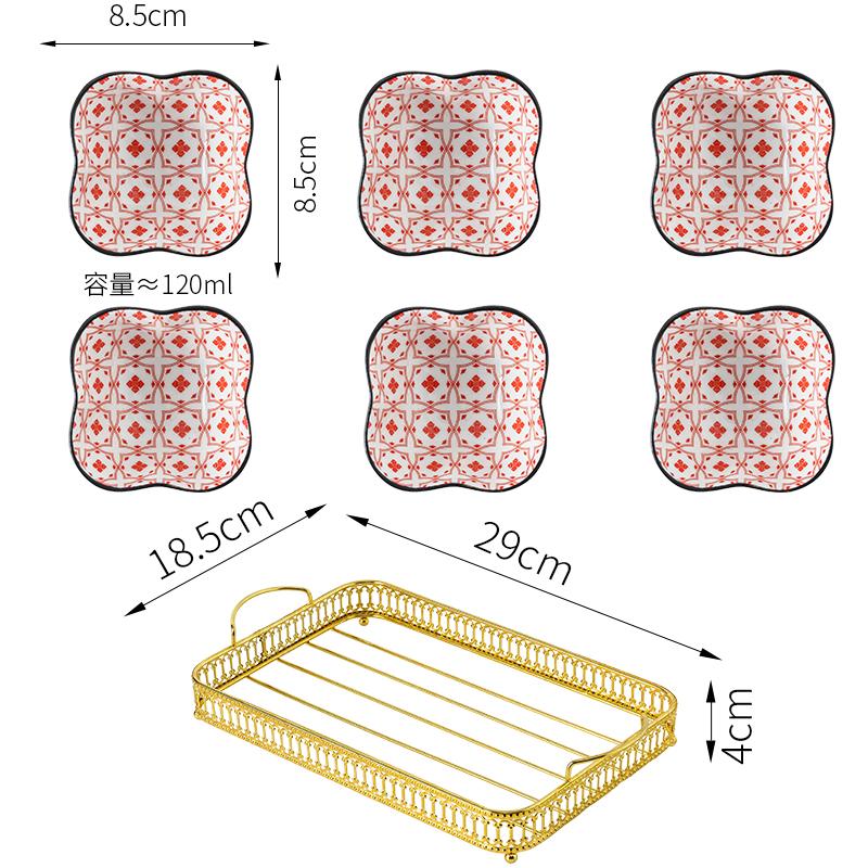 Ceramics Snack Platter Snack Bowl with Metal Frame Japanese-style Snacks Dried Fruit Dish with Golden Base Dim Sum Fruit Plate