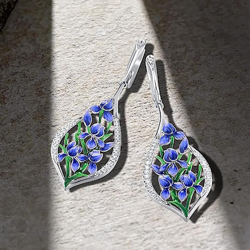 

Luxury Romance Micro-inlay Zircon Blue-purple Orchid Flower Dangle Earrings for Women Stainless Steel Retro Temperament Jewelry
