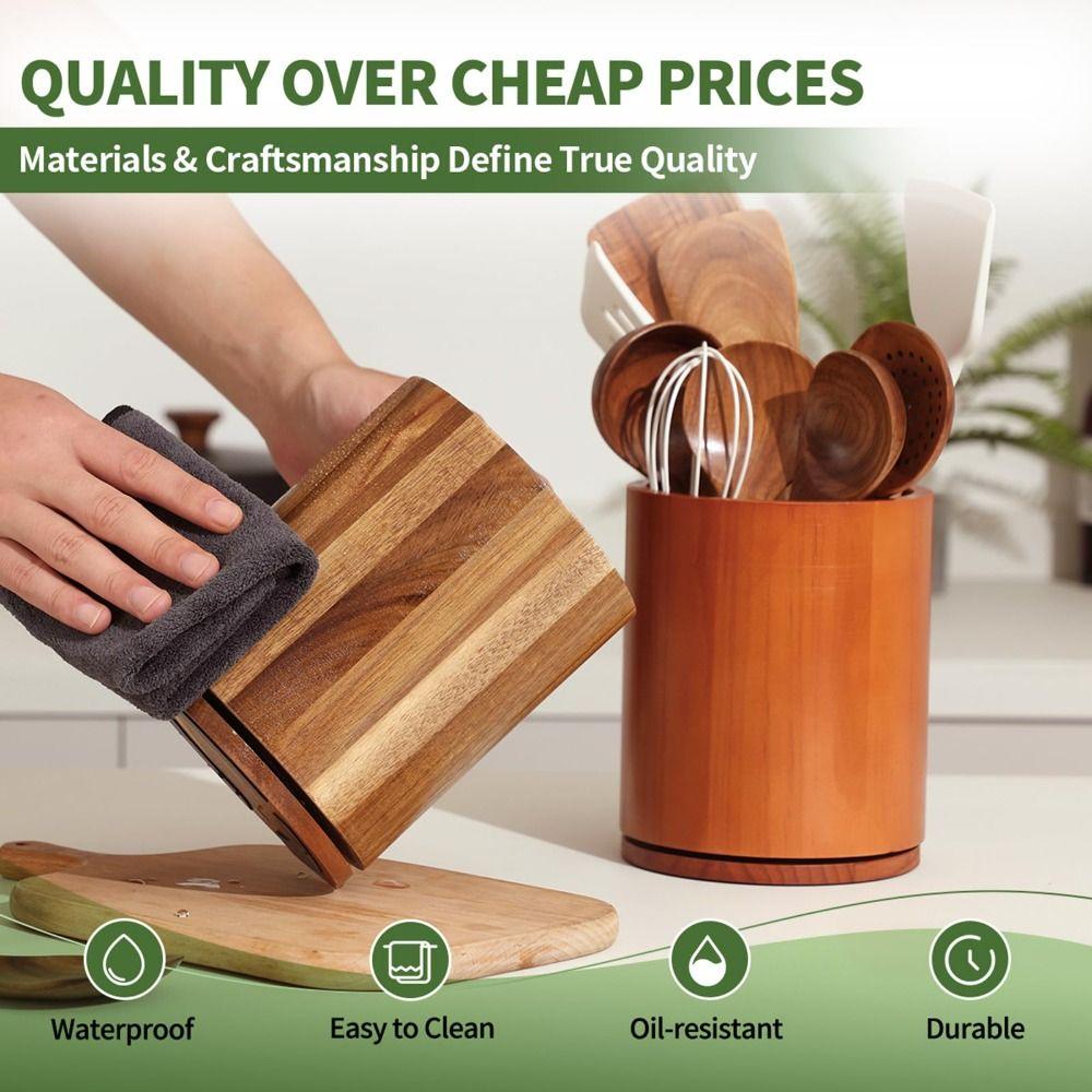 360° Rotating Cutlery Holder Wooden Storage Rack New Kitchen Utensil Holder  Countertop Use