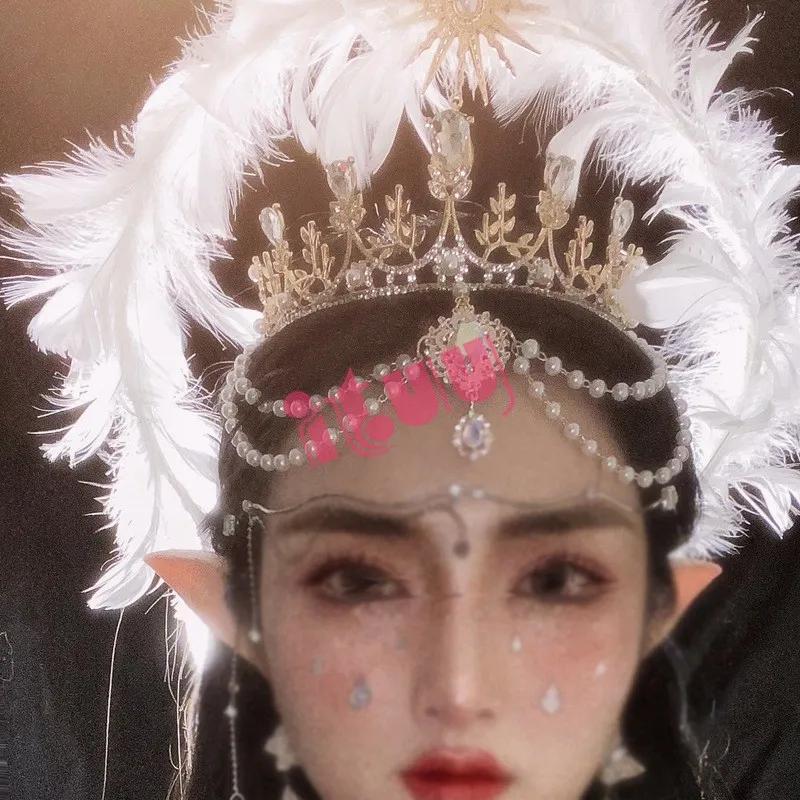 Handmade Halo Crown Headpiece Lolita Goddess KC Gothic White Angel Feather Wings Halo Crystal Crown Headband Hair Accessories