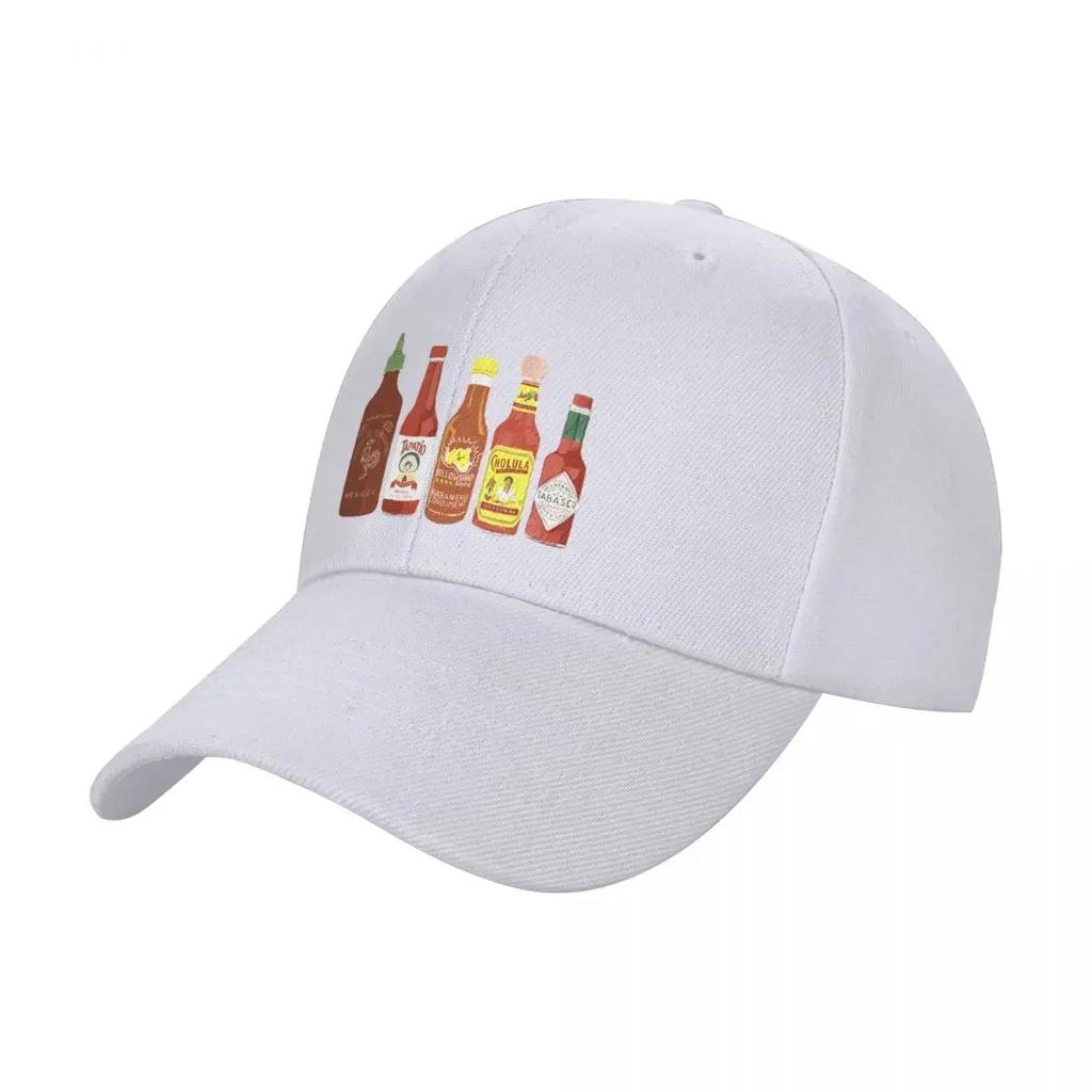 Spicy Check Out These Hot Sauces On Black Background Baseball Cap Fun Hats Vintage Beach Outing FeUnisex Unisexs