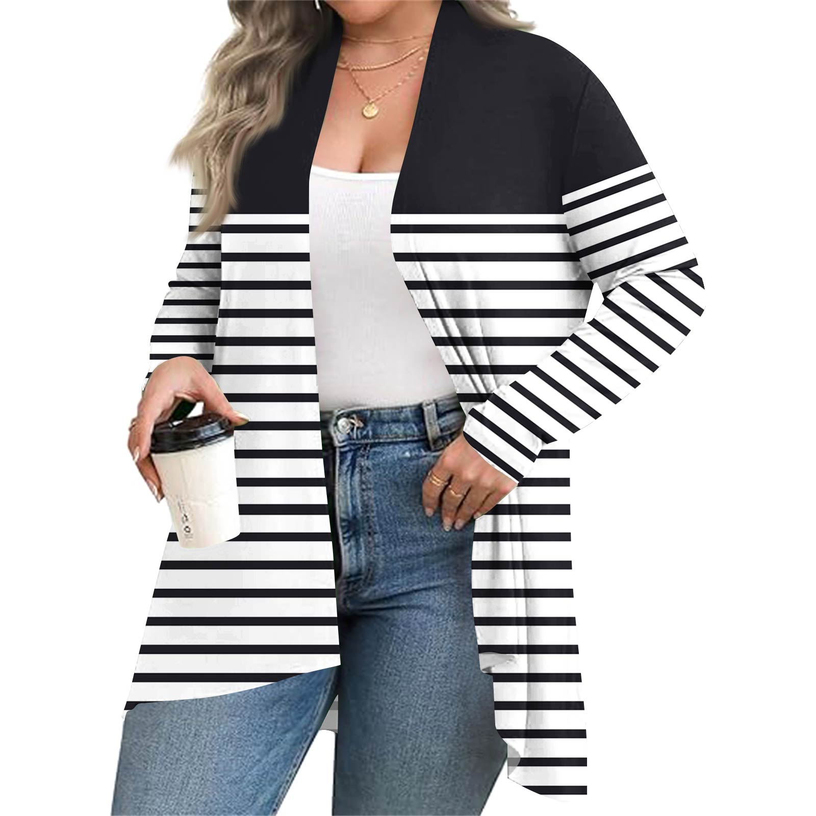 

Женский осенне-зимний модный повседневный кардиган средней длины с принтом и длинным рукавом XXL тёмно-синий