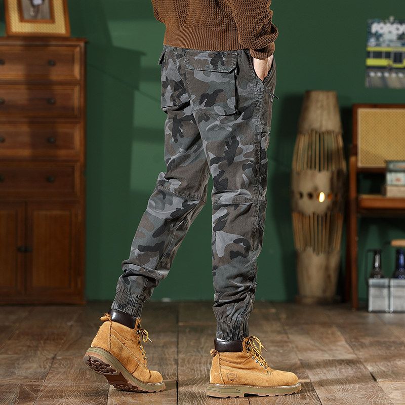 Men's Slim-Fit Camouflage Cargo Pants with Drawstring, Harem Style, Spring and Autumn Trendy Outdoor American Casual Long Pants