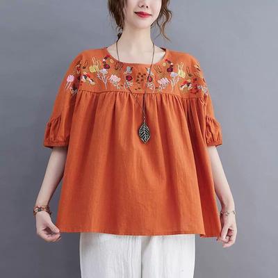 Camisa de Muñeca Bordada de Algodón y Cáñamo Nueva de Verano para Mujer Holgada Retro Manga de Linterna Top Envejecido