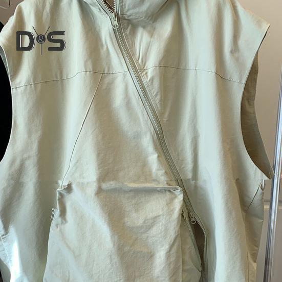 Women Summer Hooded Vest Diagonal Zipper Breathable Female Sun Protection Clothing Ladies Solid Color Casual Loose Top with Pocket