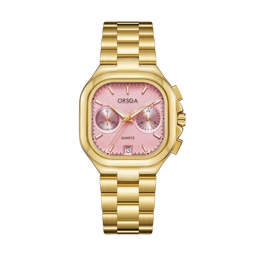 Women's S Elegant Dress Watch with Golden Stainless Steel Band Square Green Dial Waterproof Quartz Wristwatch with Luminous Hand