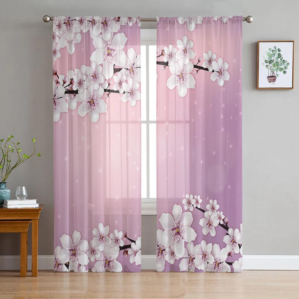 Japanese Style Sakura Cherry Blossom Pink Flower Tulle Curtains Living Room Kitchen Window Decoration Voile Sheer Curtain