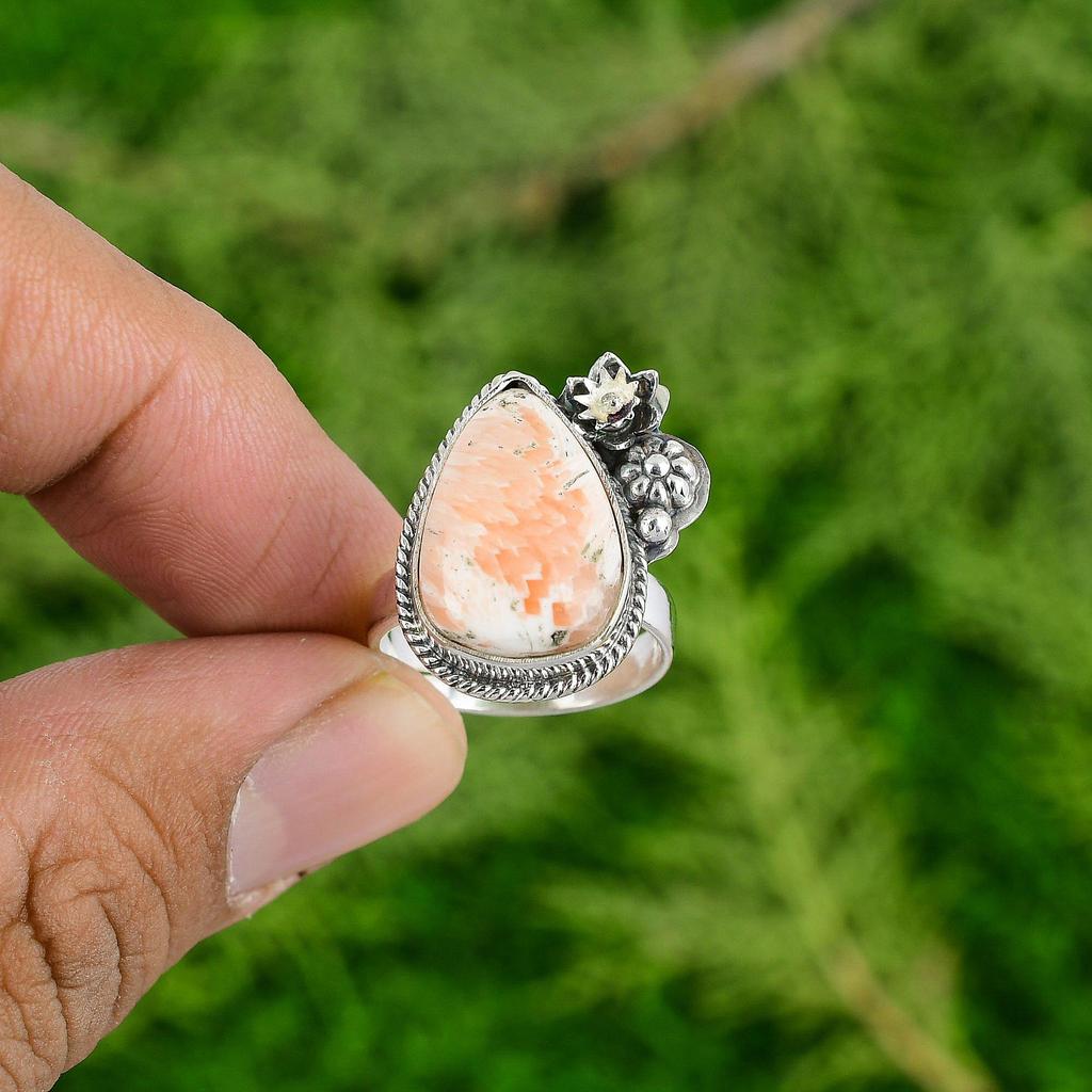 925 Sterling Silver Pear Natural Scolecite Bezel Multi Stone Flower Ring Jewelry