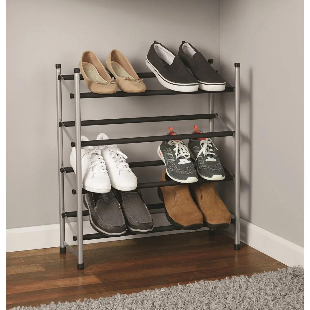Adjustable 4-Tier Shoe Storage Rack Stackable Organizer Holds Up to 20 Pairs Non-Slip Black Rod Indoor Use Accessory
