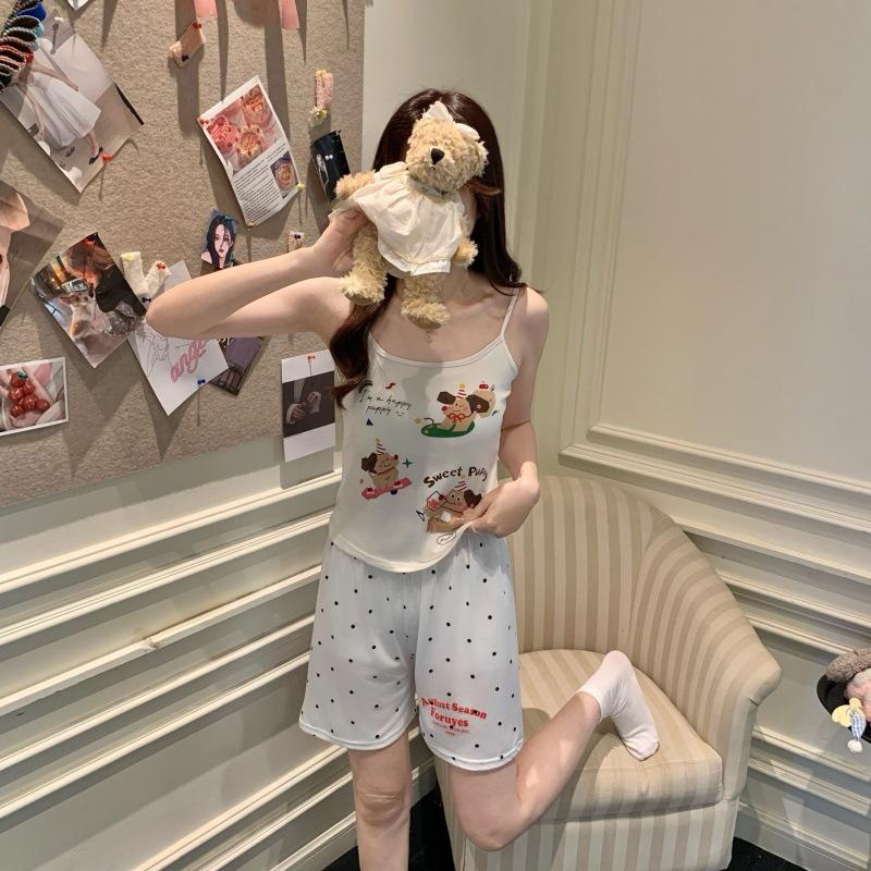 Women's Summer Cartoon Camisole Tank Top & Shorts Pajama Set with Chest Pads - Comfortable Home Wear