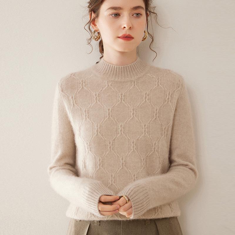 2024 Women's Autumn/Winter Cashmere Cable Knit Sweater – Half-High Neck, Thick, Loose Fit Knitwear